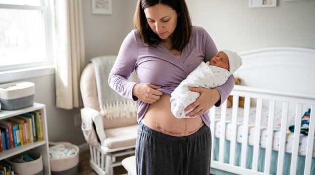 Mother showing C-section scar while holding newborn baby in nursery