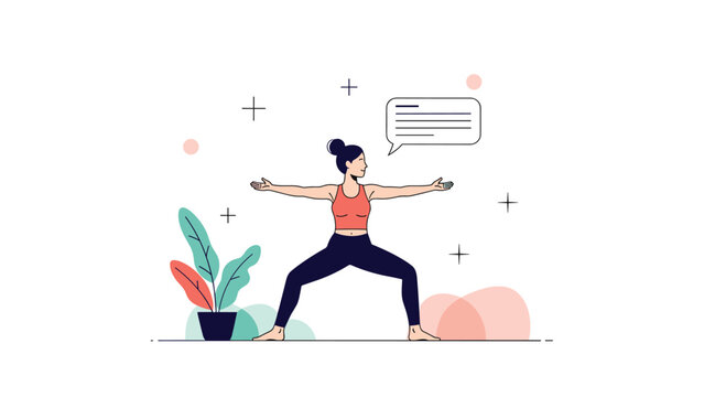 Active woman practicing warrior yoga pose with speech bubble for fitness instruction and healthy wellness lifestyle promotion.