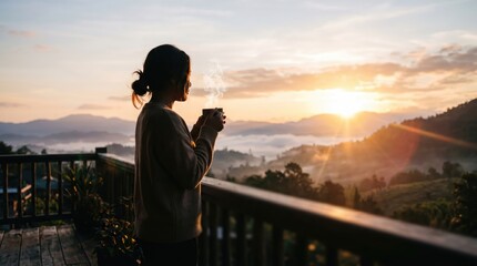 Fototapeta premium Woman enjoys a hot drink on a balcony at sunrise with misty mountains