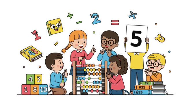 Children learn math with abacus and numbers floating around them in classroom