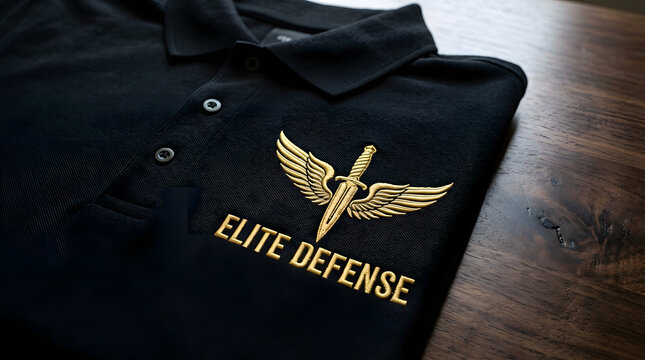 Elite Defense Professional Security Guard Black Polo Shirt with Gold Embroidered Logo on Wooden Background