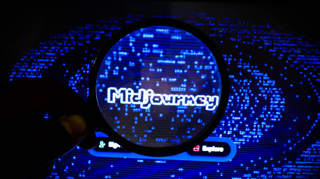 Magnifying glass held over a digital screen displaying the midjourney logo and abstract blue binary code background