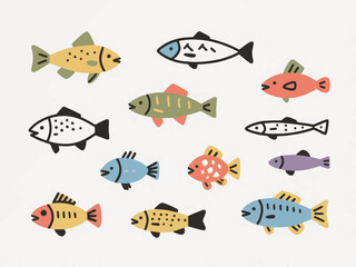 Fototapeta premium Collection of various colorful fish in different shapes and sizes on white background, minimalist flat vector illustration of sea life and aquatic animals