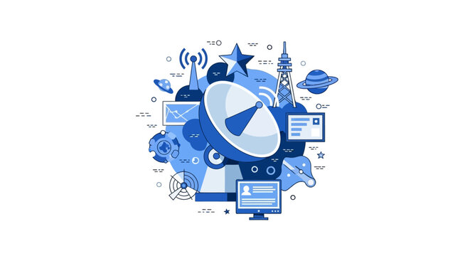 Blue Vector Illustration of Global Telecommunications and Satellite Technology Network Icons