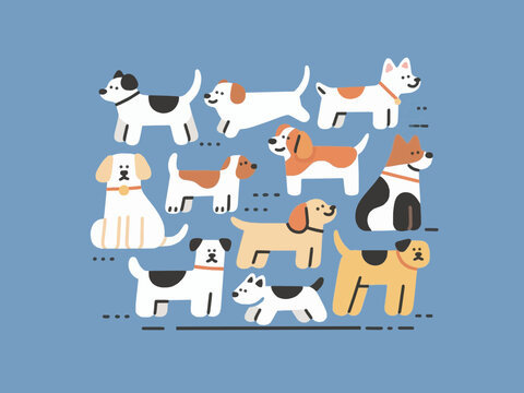 Collection of cute dogs and puppies in various breeds and poses on white background, minimalist flat vector illustration of friendly domestic pets