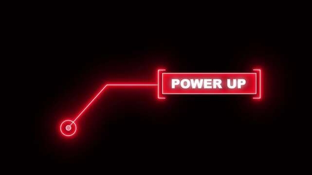 Red digital HUD callout animation featuring power up text for futuristic gaming ability enhancement, high-tech interface monitoring, and modern tech display concepts.