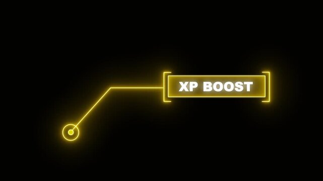 Futuristic yellow HUD callout animation with XP boost text for high-tech gaming rewards, digital experience points increase, and modern technology interface concepts.