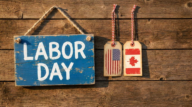 Labor day sign with american and canadian flag tags on rustic wood wall