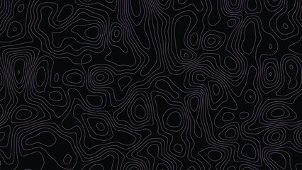 Topographic map contour lines pattern with thin grey lines on a solid black background representing elevation data or geographic terrain mapping in a repeating abstract style © VxGFX