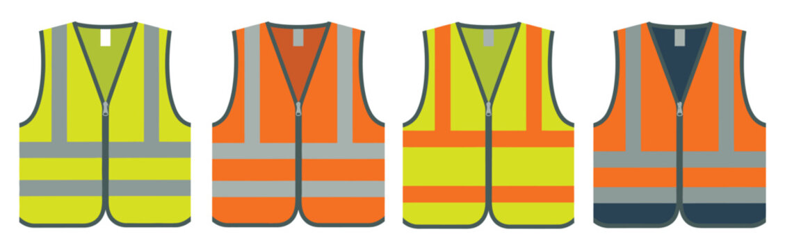 Reflective safety vest icon collection, hi-vis yellow and orange PPE vest designs with striped markings, industrial protection and construction safety vector set for UI and signage.