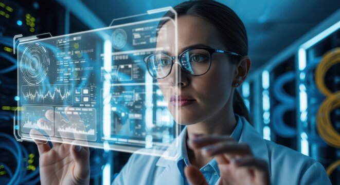 Professional using advanced holographic technology in a high-tech lab environment