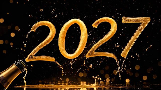 Golden 2027 numbers splashing from champagne bottle with sparkling lights, luxury festive celebration, elegant party atmosphere, New Year.