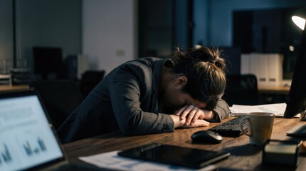 Fototapeta premium Tired businesswoman sleeping at her desk late at night in the office
