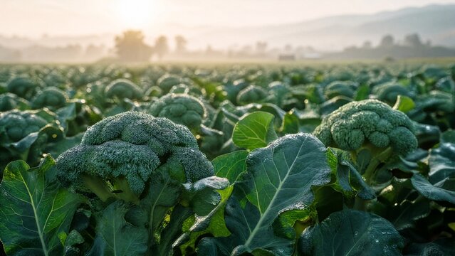 firmness. Vast field of green broccoli under soft morning sunlight with dew. gardening catalogs, home-decor guides, designed for home decor and floral branding, enhances decor appeal.