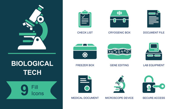 Biological tech icon set. Containing microscope, gene editing, cryogenic box, freezer box, lab equipment, secure access, medical document and more. Solid fill vector icons collection.