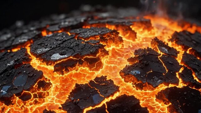 Glowing magma cracks spreading on cooling lava crust, volcanic activity concept