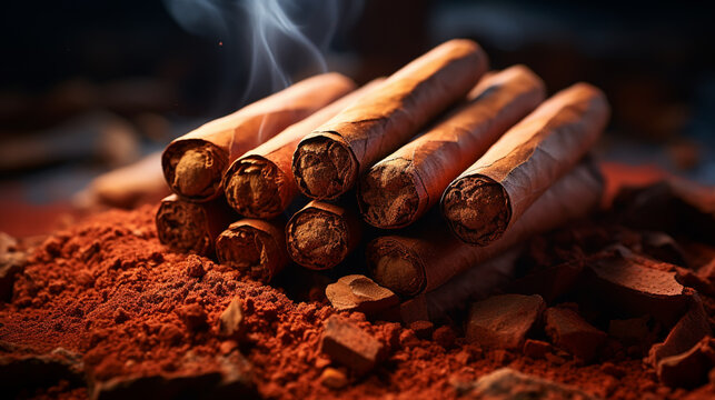 Cuban cigars with leaves on a black stone table. Top view. Free space for your text.
