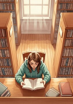 Woman Reads Book In Library Pixel Art Style Illustration