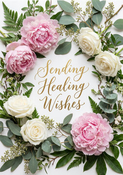 Elegant floral wreath with pink peonies white roses and eucalyptus for sending healing wishes card background and sympathy greeting design