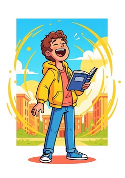 Joyful Boy Reads Book With Yellow Aura and Sunny Sky Background