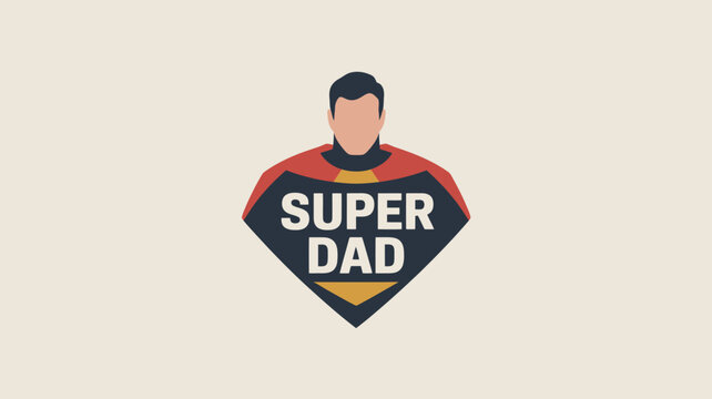 Superhero dad character with cape and super dad shield emblem