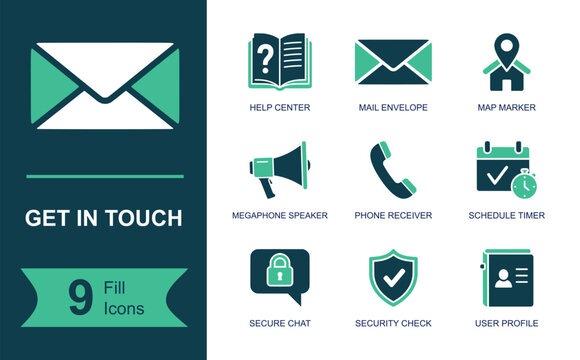 Contact icon set. Containing help center, mail envelope, map marker, megaphone, phone receiver, schedule timer, secure chat, security check, user profile and more. Fill icons collection