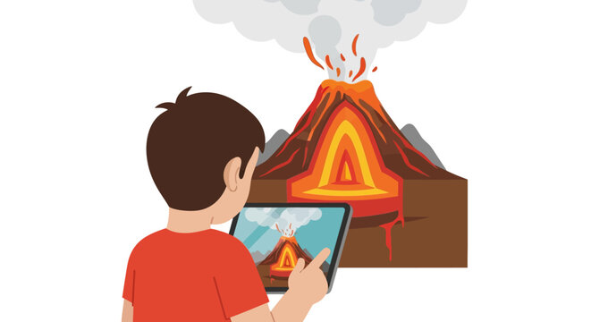 Child Using Tablet for Science Education with 3D Volcano Model Cross-Section Vector Illustration