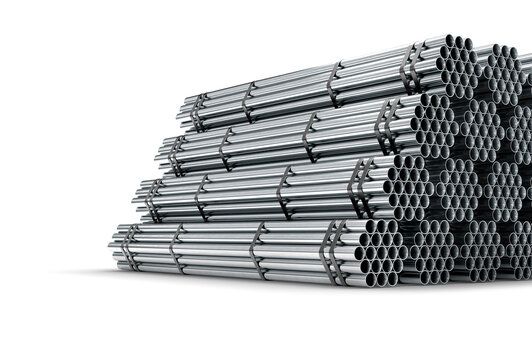 Stacked steel pipes bundled together in an industrial warehouse style composition. isolated on whit background. 3D rendering