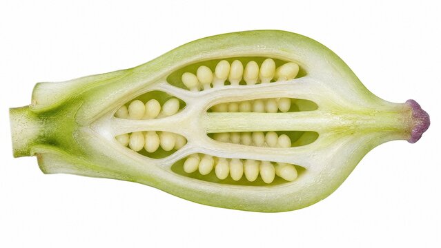 ovules. Macro view inside a white lily's ovary showing tiny ovules. gardening catalogs, home-decor guides, designed for home decor and floral branding and gardening and botanical catalogs.