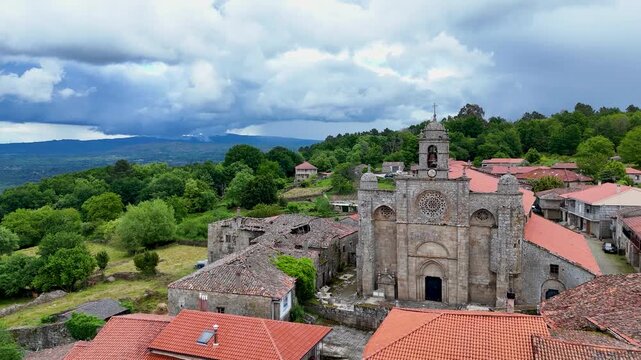 Aerial drone flying over Santa Marina de Augas Santas church in Galicia