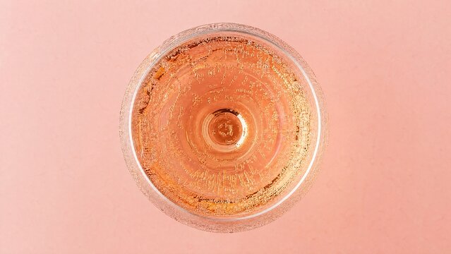 brut. Sparkling ros&eacute; wine glass with condensation droplets, set against a soft pastel pink background. bar promotions, beverage menus, designed for product packaging and bar promotions.