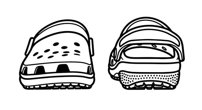 Vector line art technical sketch of rubber clogs in image_9e439c.png, front and back
