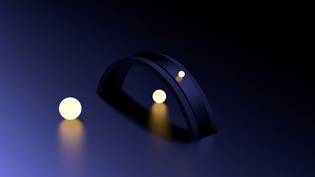 Neon glowing spheres against a metallic background with a barrier or obstacle. Glowing spheres, geometric concept. Abstract design, wallpaper, 3D render.
