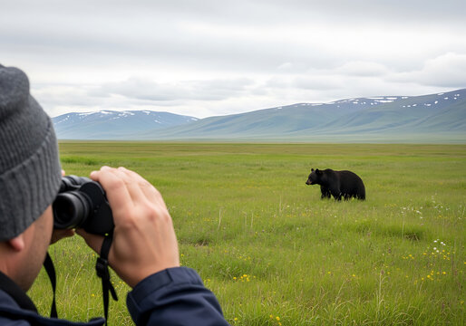 A person wearing a beanie and jacket uses binoculars to observe a black bear in a vast green meadow with distant mountains under a cloudy sky.