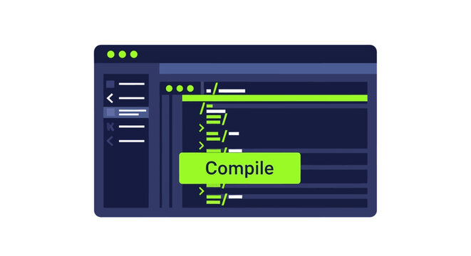 Code Compilation Concept Illustration: Flat Design Vector of a Software Development Interface and IDE Window