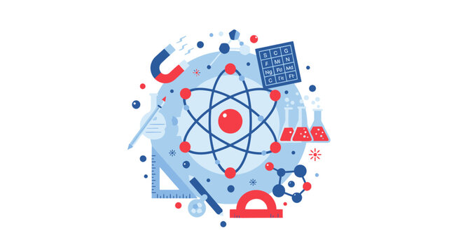 STEM and Science Education Concept Illustration with Atom, Magnet, Laboratory Equipment, and Mathematical Tools on White Background