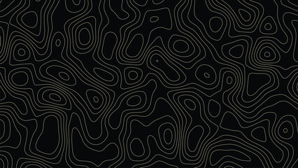Topographic map pattern with thin beige contour lines on a solid black background featuring organic flowing shapes and irregular rounded loops in a repeating seamless texture © VxGFX