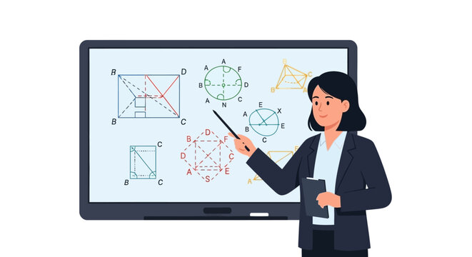 Female teacher pointing at geometric diagrams and math formulas on a digital whiteboard. Flat illustration for STEM education, online learning, and professional presentations.