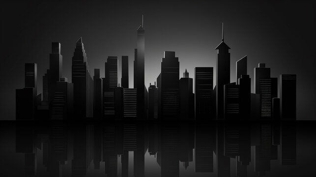 Big city sky scrapers reflecting in the water, imitation made of batch staples composition in red light on reflecting surface and black background