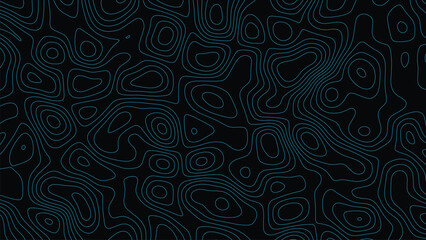 Blue topographic map contour lines pattern on a solid black background representing geographical elevation data and terrain mapping © VxGFX