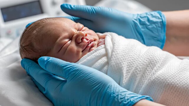 This captures a tender moment of a newborn baby receiving care from a medical professional. The baby is swaddled and gently held by gloved hands, emphasizing the importance of care in a hospital
