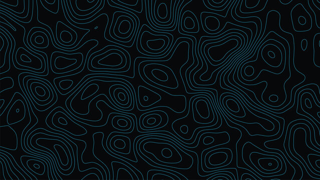 Blue topographic map contour lines pattern on a solid black background representing geographical elevation data and terrain mapping