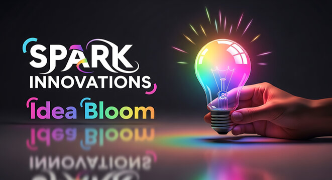 Illuminated creative concept blossoming with innovative ideas, a vibrant rainbow-colored light bulb held by a hand in the dark