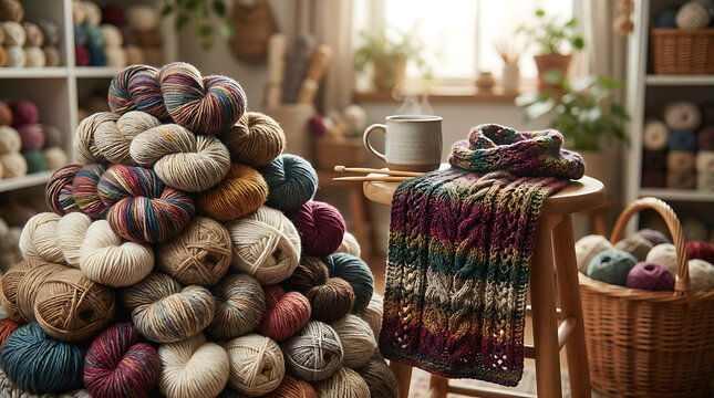 Abundant Yarn Skeins and Knitted Scarf on a Wooden Stool