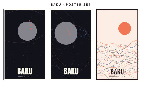 Set of three minimalist space posters with planets and stellar map elements vector illustration
