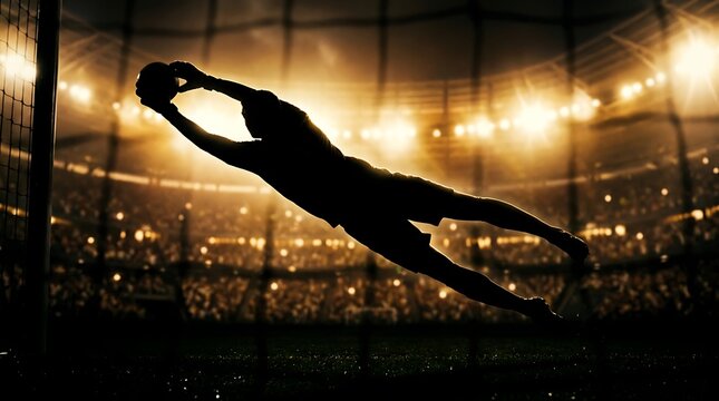 Silhouette of a soccer goalkeeper making a dramatic save in a stadium