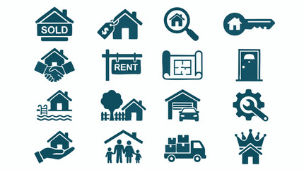 Fototapeta premium Real estate and housing icon set for property sales, rentals, and services