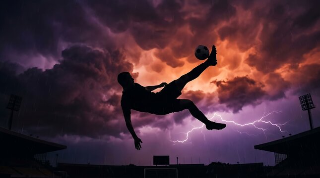 Silhouette of a soccer player performing a bicycle kick during a storm
