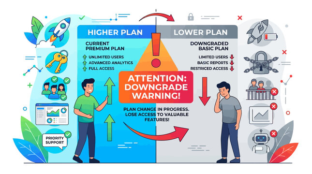 Infographic illustration depicts business people experiencing downgrade warning in office setting with technology and social issues.