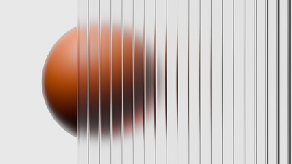 3D abstract orange sphere behind ribbed frosted glass with vertical lines on a clean white background © ilham